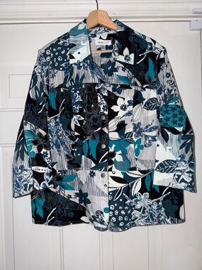 Coldwater Creek Teal, Black & White Floral Patchwork Jacket. Sz 1x